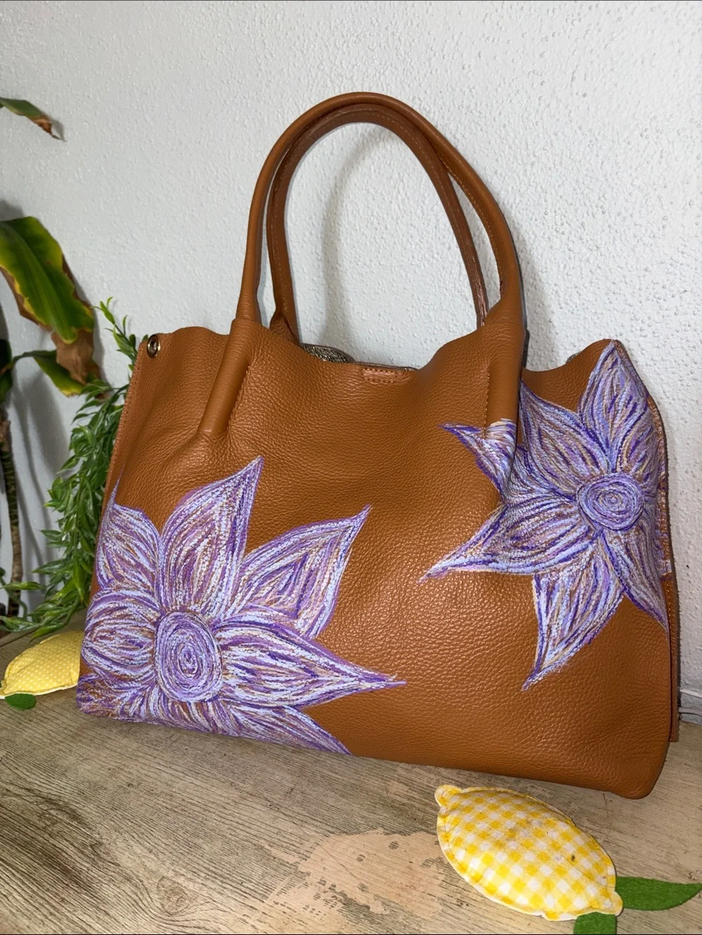 Upcycle Handpainted Alesia Capri Tan Leather Tote with Lavender Floral Accent